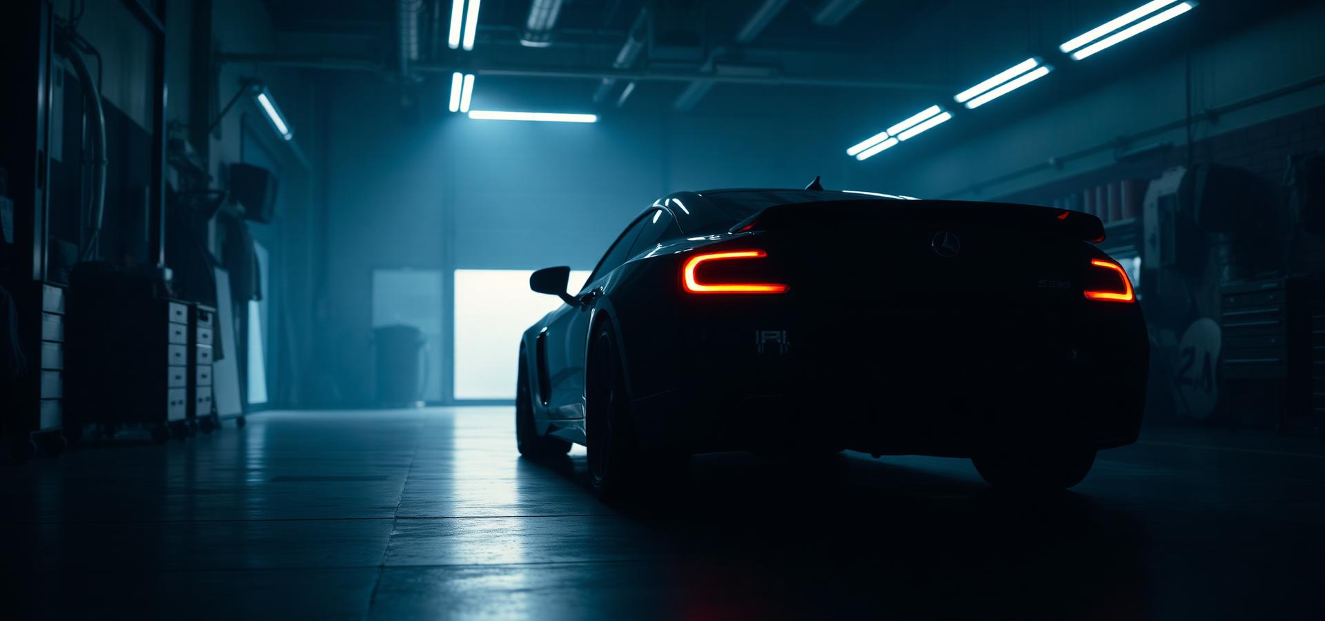 Veículo em oficina de estética automotiva com iluminação escura